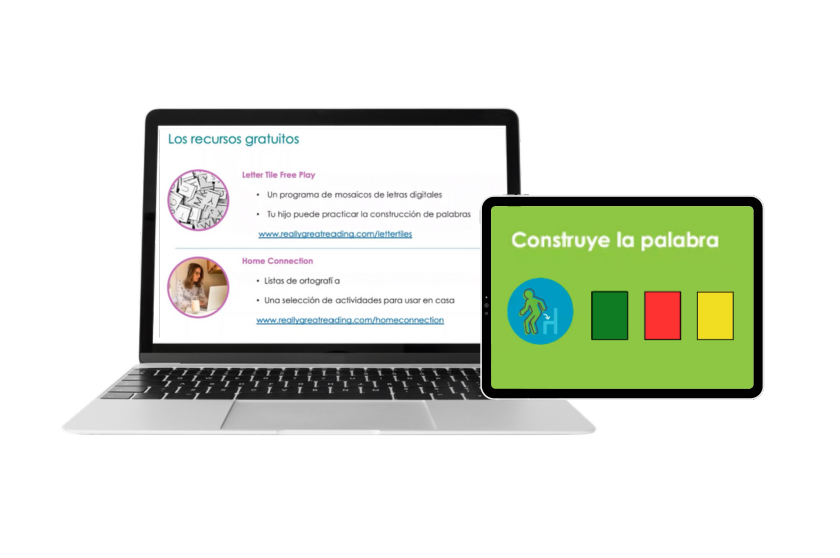 Laptop showing free Spanish literacy resources and a tablet screen with “Construye la palabra” and colored boxes.